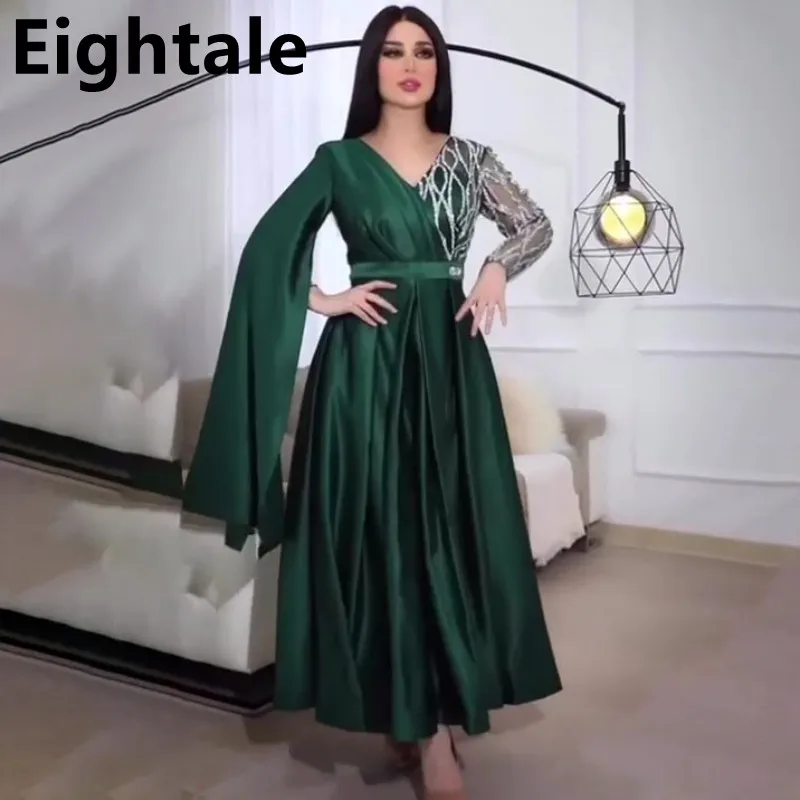 

Eightale Tea Length Dark Green A Line Satin Arabic Evening Dress 2022 Lace Sequined Dubai Women Formal Kaftan Party Gown