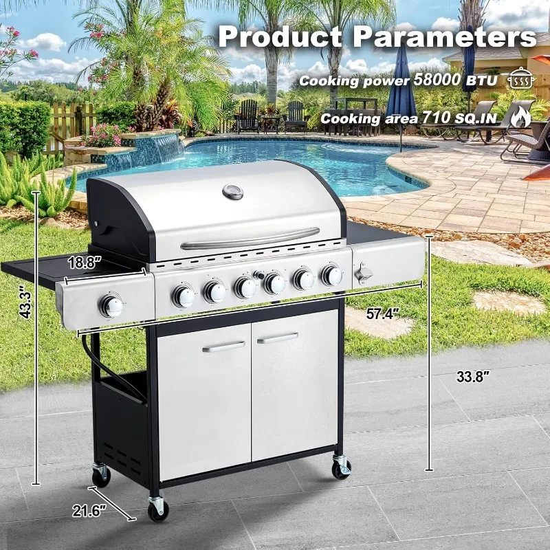 MELLCOM 6 Burner BBQ Propane Gas Grill, 58,000 BTU Stainless Steel Patio Garden Barbecue Grill with Stove and Side Table