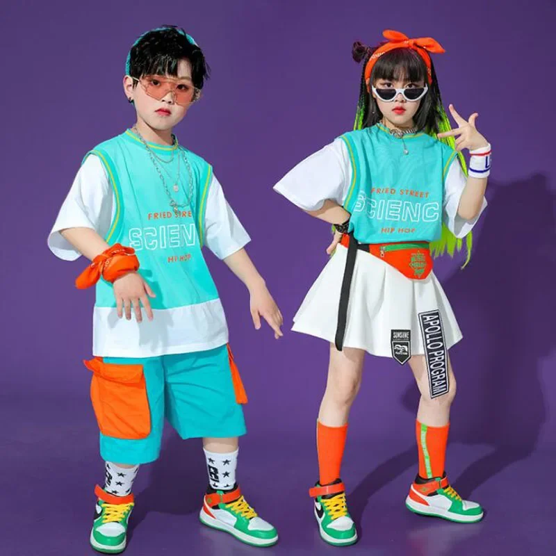 Trajes de animadora para niños, trajes de baile de salón, Hip Hop, camiseta, pantalones cortos, falda para niñas y niños, baile de Jazz