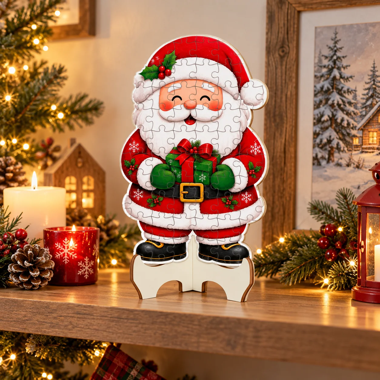 1PC Custom Wooden Puzzle Decor Personalized Christmas Tabletop Ornament with Stand Design Family Gift for Home Holiday Display