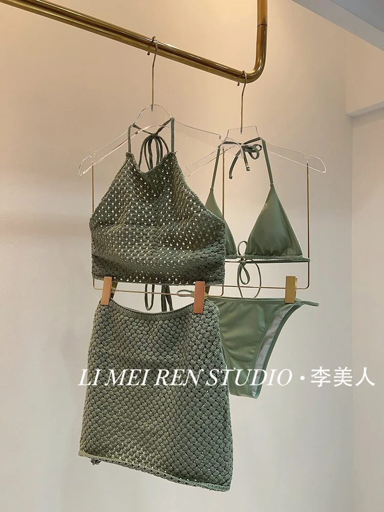 

New Green Knitted Hollow Neck Strap Skirt Split Bikini Swimsuit Women's Set