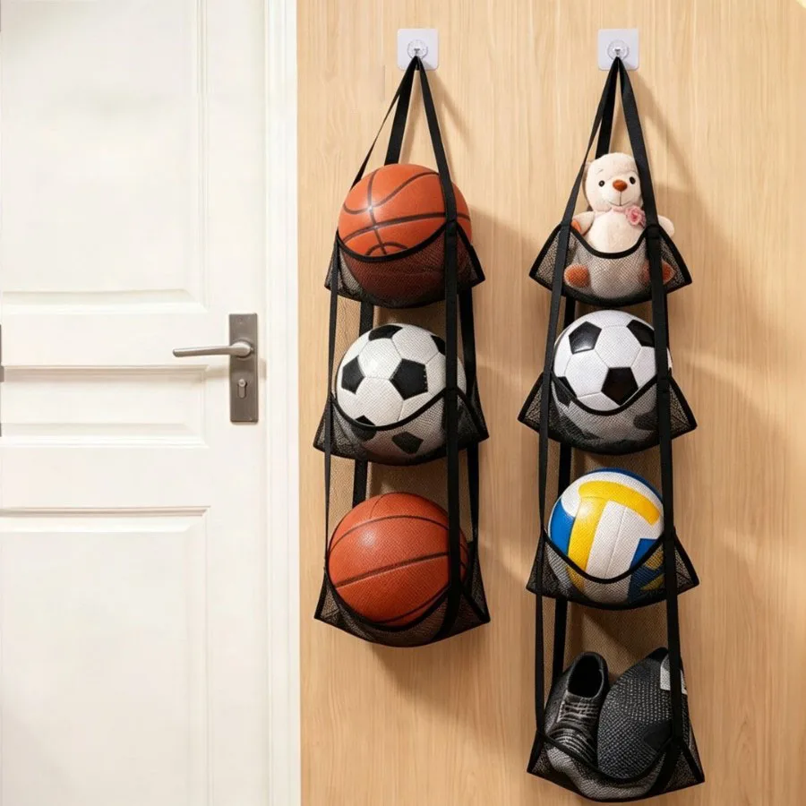 Wall Mounted 3 Pocket Mesh Basketball Storage Bag Organizer for Neat Ball Arrangement in Classroom or Home