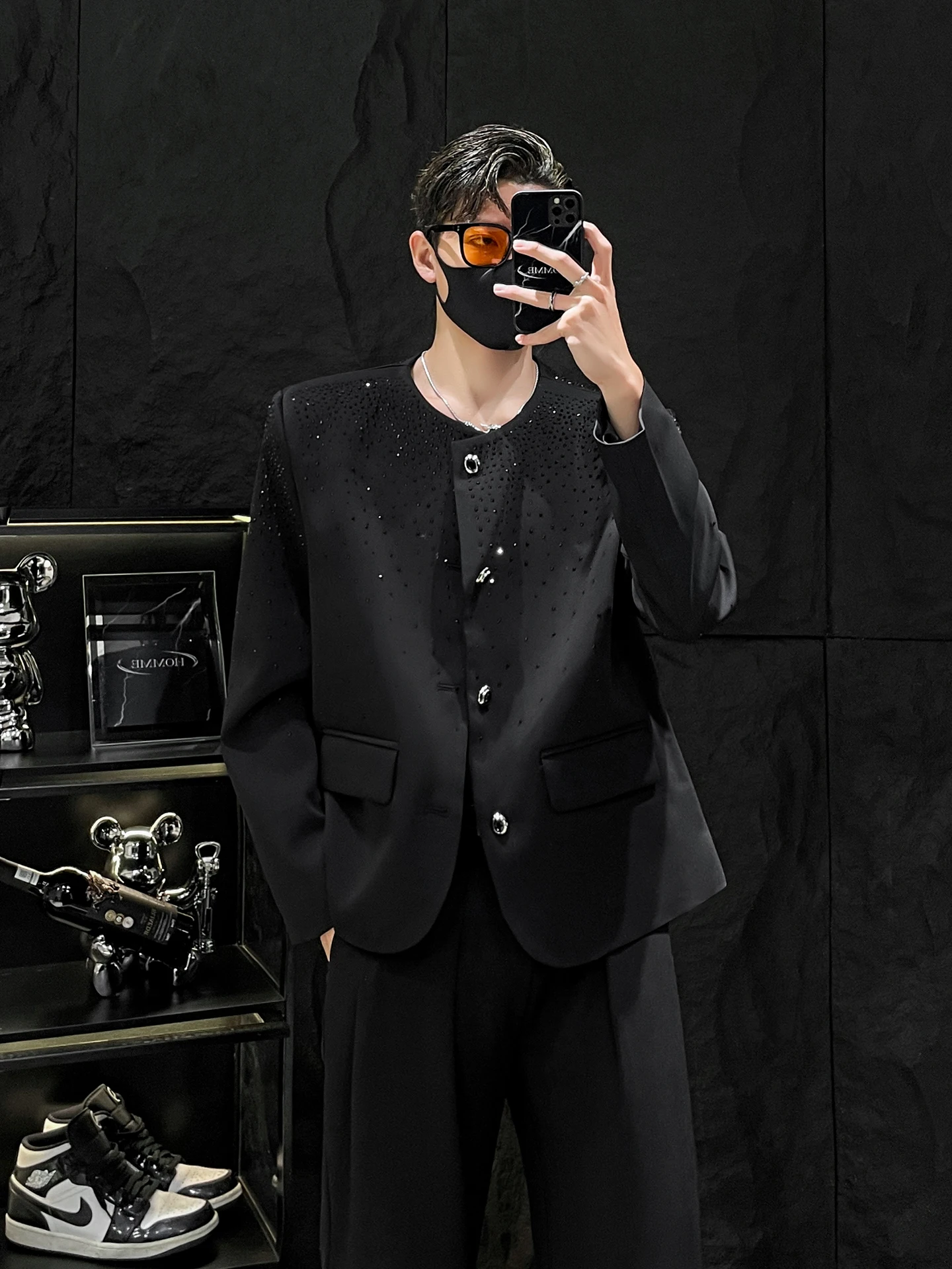 

Мужской костюм-жакет без воротника, не требующий глажки, с длинными рукавами, с пуговицами, повседневный, однотонный, осенний, модный