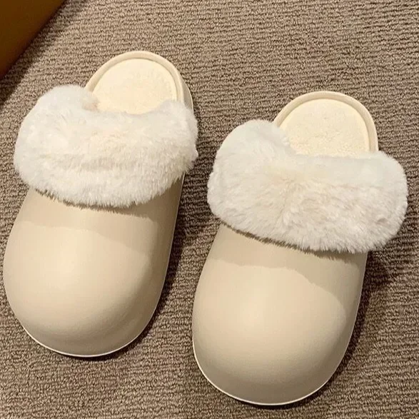 2024 Hot Selling New Warm Windproof Bread Cotton Drag Solid Color Simple Outside The Home Plus Cashmere Cotton Slippers