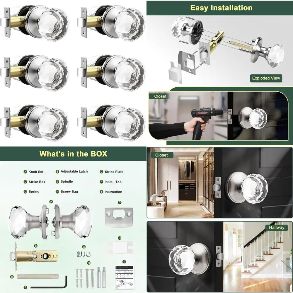 

Изящные внутренние дверные ручки из атласного никеля, 6 хрустальных ручек для шкафов, варианты бесключевого стекла для прихожей и прачечной Doo