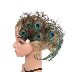 Kobiety pawie pióra do włosów klip z perłą Rhinestone łacińska potańcówka Fascinator ślubne ślubne akcesoria do włosów