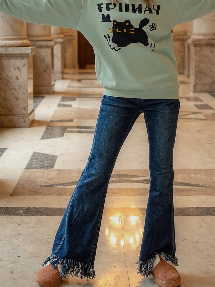 

Джинсы с расклешенными кисточками, женские утягивающие эластичные джинсы с карманами, прямые ноги, высокая талия, винтажные, шикарные, модные, современные, городские