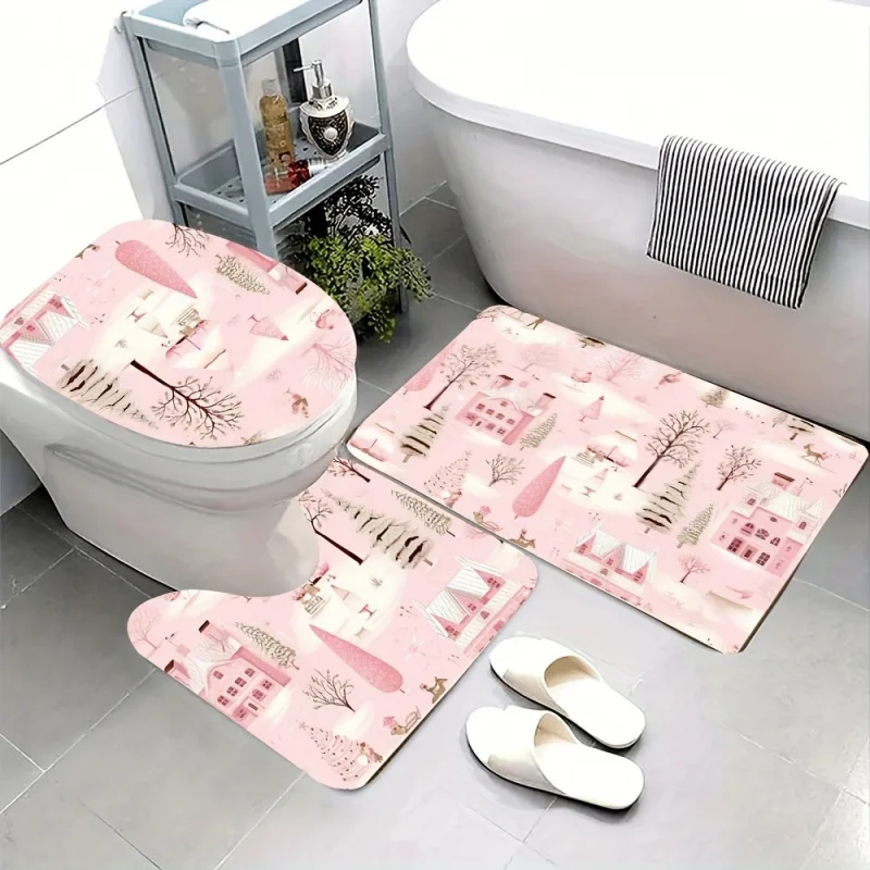 3PCs cute pink patterned bathroom set: non-slip, absorbent mats with toilet lid cover & U-shaped rug-soft, stylish for bathroo