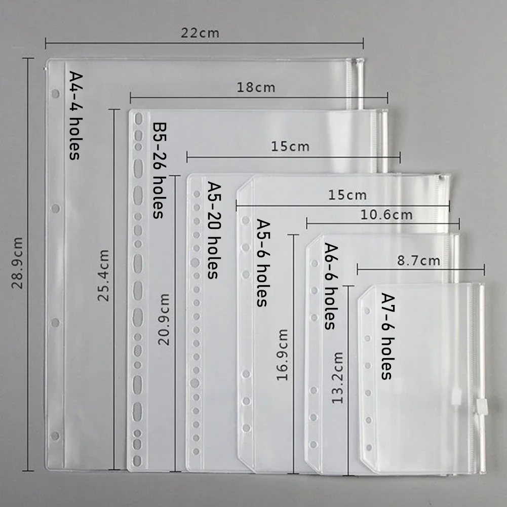مريحة واضحة PVC A5 A6 A7 جيوب الموثق واضح سستة المجلدات ل 6-حلقة دفتر الموثق الملفات تقارير الموثق