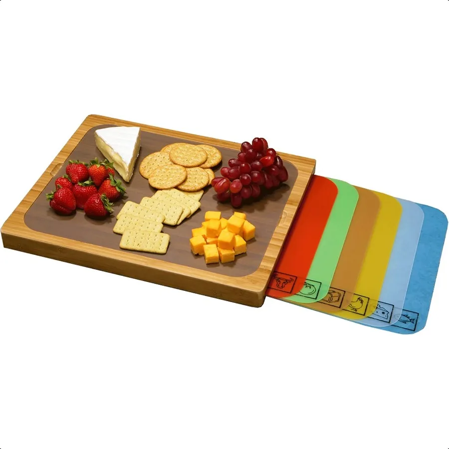 

Bamboo Premium Wood Cutting Board Serving Tray w 7 ColorCoded BPAFree Mats for Chopping Bread Cheese Fruits Vegetables Meats Ch
