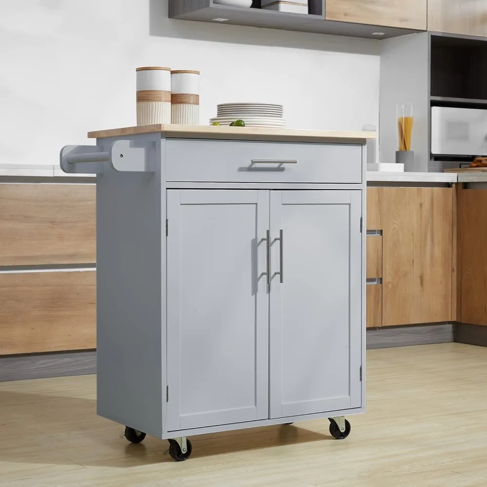 Kitchen Island Cart Rolling Trolley Cart with Drawer, Storage Cabinet & Towel Rack, Gray kitchen cabinets  mueble de cocina