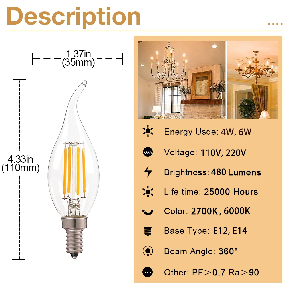 LED 샹들리에 전구, 투명 유리 조명 램프, E12, E14, 60W, 레트로 촛대 전구, 따뜻한 흰색, 6000K, 2700K, 480LM