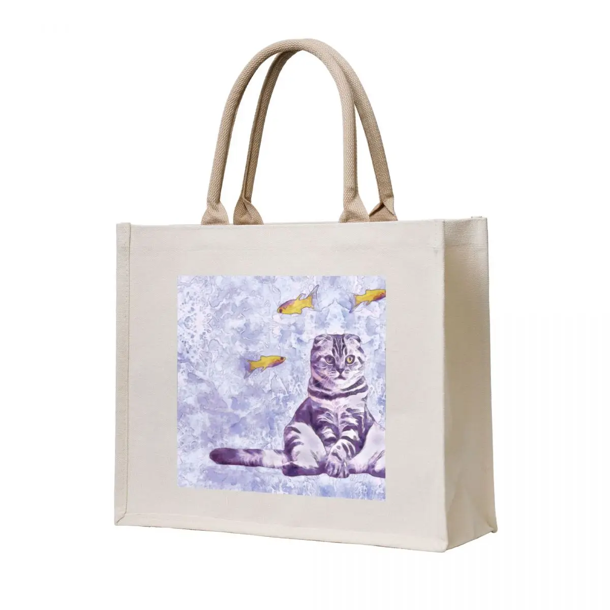 

Scottish fold cat and fish watercolor art Tote Bag Handbags Gift bags Canvas shoulder bag Women's shopping bag
