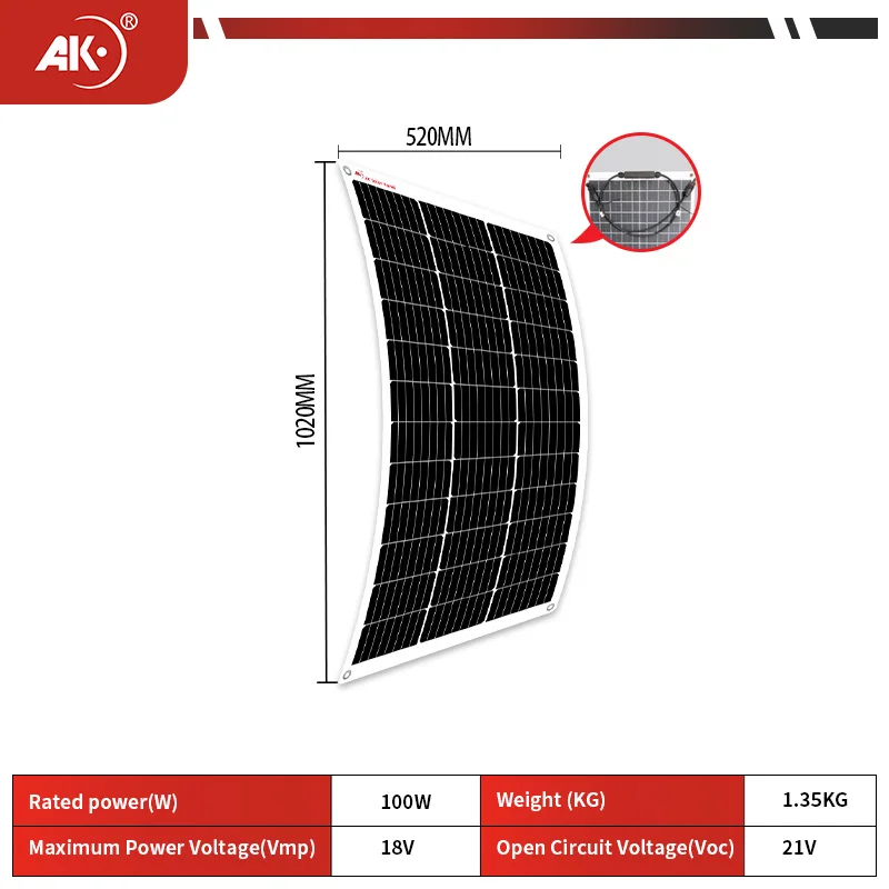 AK 100W flexible solar panel 21v 18v high efficiency battery charger module is suitable for camping car boat RV solar panel