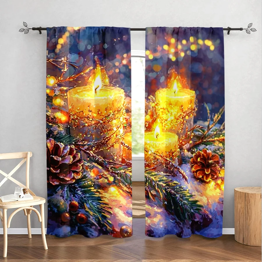 2PCS Christmas Candle Pine Cone Curtains, Warm Glow Winter Holiday Oil Painting Window Drapes for Bedroom Living Room Decor