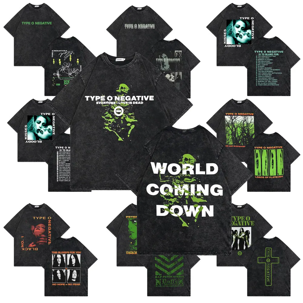 

Washed Vintage Type O Negative Everyone I Love Is Dead World Coming Down T-shirt Skeleton Graphic T Shirt Man Rock Oversize Tees