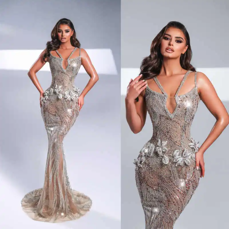Vestidos de noche sexys para graduación, vestido de sirena sin mangas con apliques 3D de encaje, Vestido De Noite hasta el suelo, personalizado