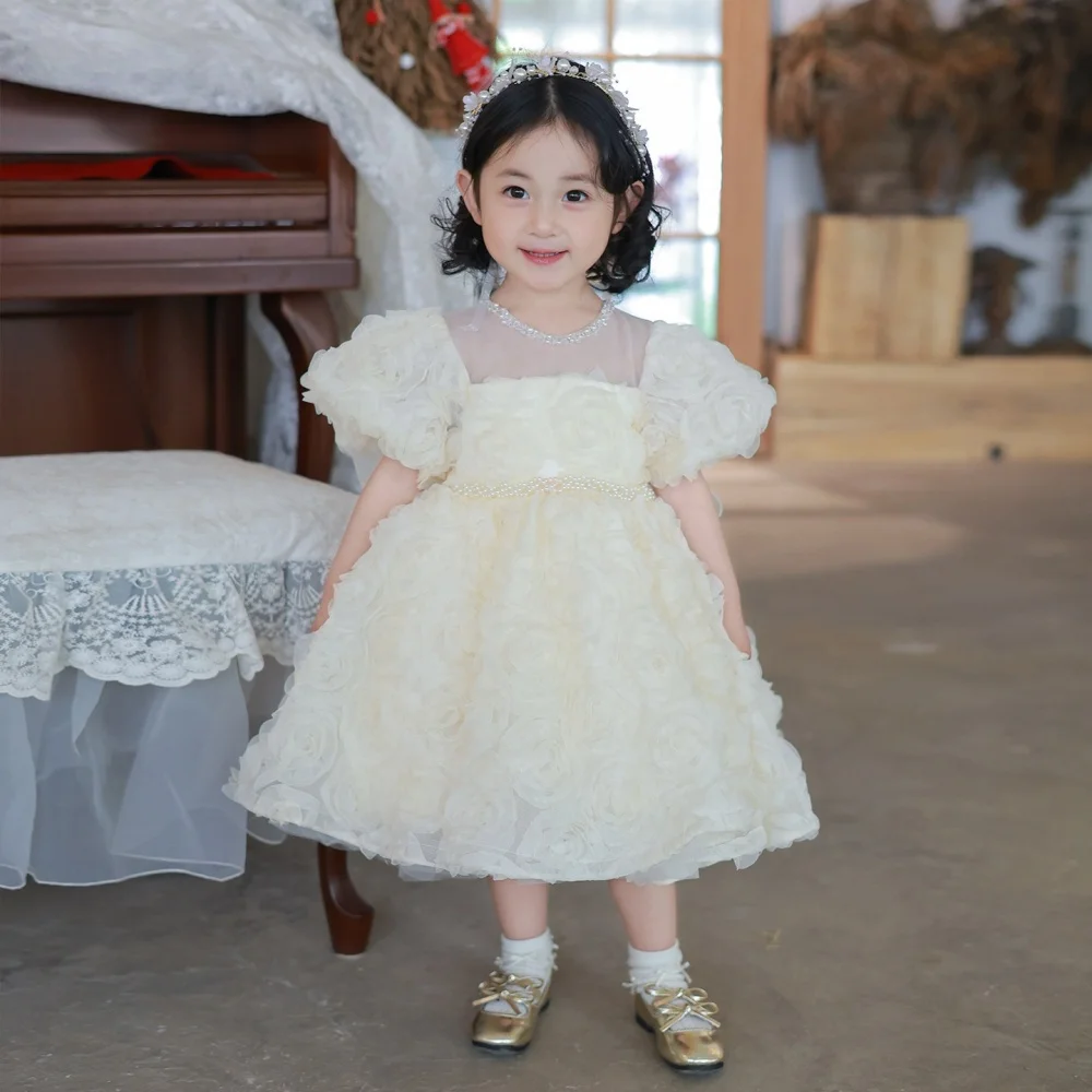

Custom Flower Girl Dress Puff Sleeve 3D Floral Tulle Wedding Party Dress Kids Birthday Pageant Pearl Formal Gown فساتين بنات