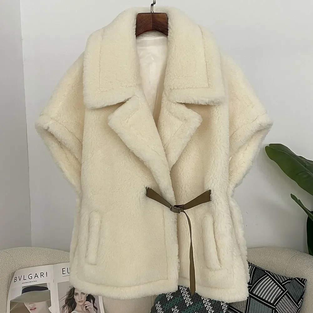 معطف الصوف حزام جلد 2025 تيدي سترة سيدة الشتاء الشارع الشهير تيدي بير جيليه الفراء سترة المرأة كبيرة الحجم أكمام الفراء صدرية #4