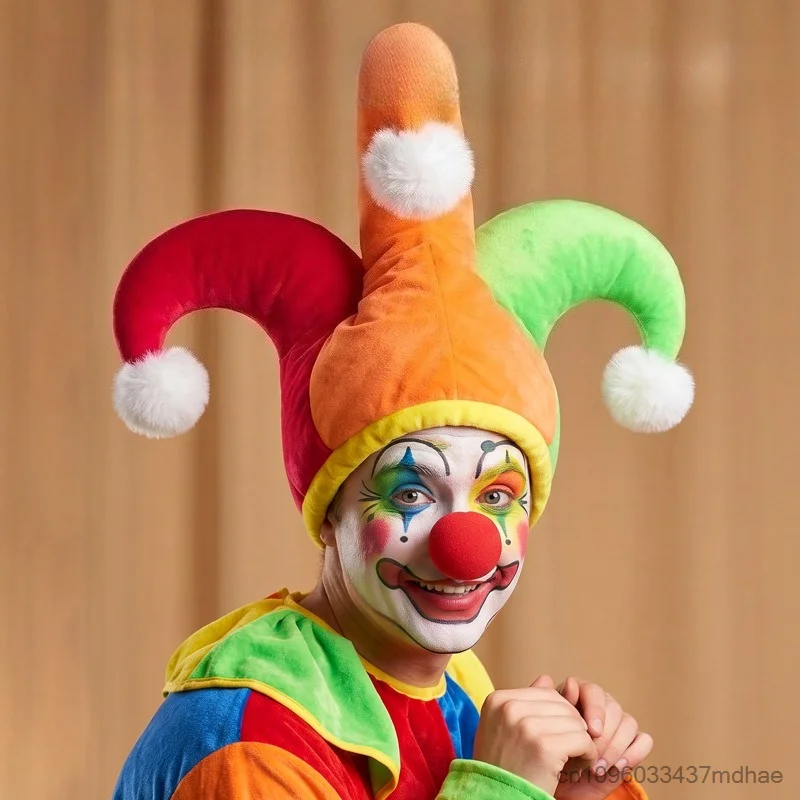 Clown Hat Three Pointed Colorful Pom Pom Hat Halloween Carnival Cosplay Accessory Prop Adult Funny Party Dress Up Hat