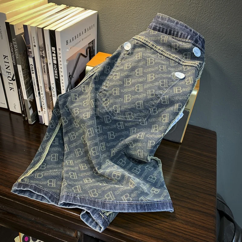 Casual Denim Shorts Men's Loose Trendy Embroidered Cropped Pants Summer Thin Light Luxury High-End Washed Stretch Capri Pants