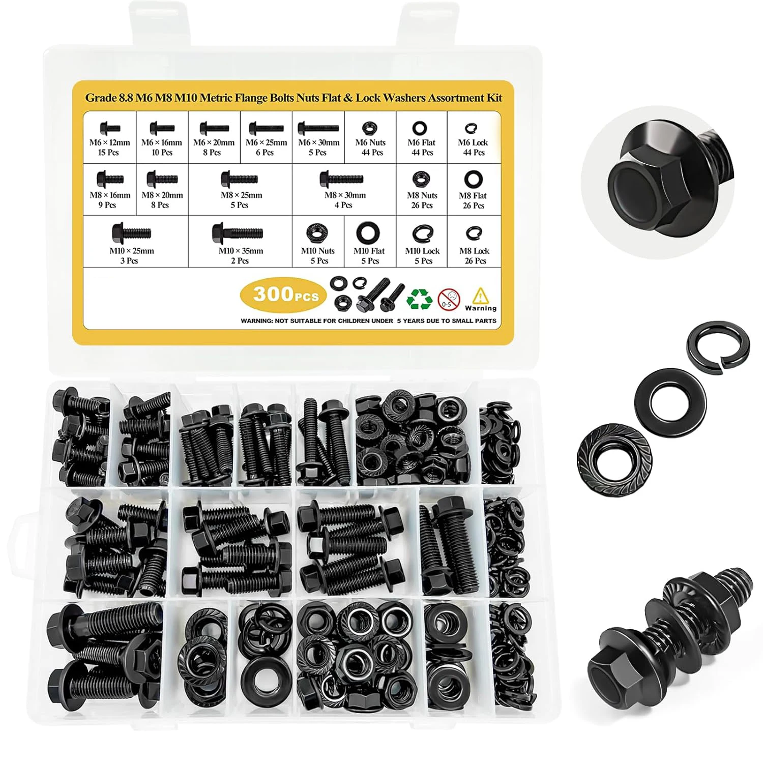 

Flange Bolt Assortment. 300Pcs M6 M8 M10 Bolt Kit,M6 x1.0 M8 x1.25 M10-1.25 (12mm to 35mm) Hex Bolts Nuts and Washers Kit,Black