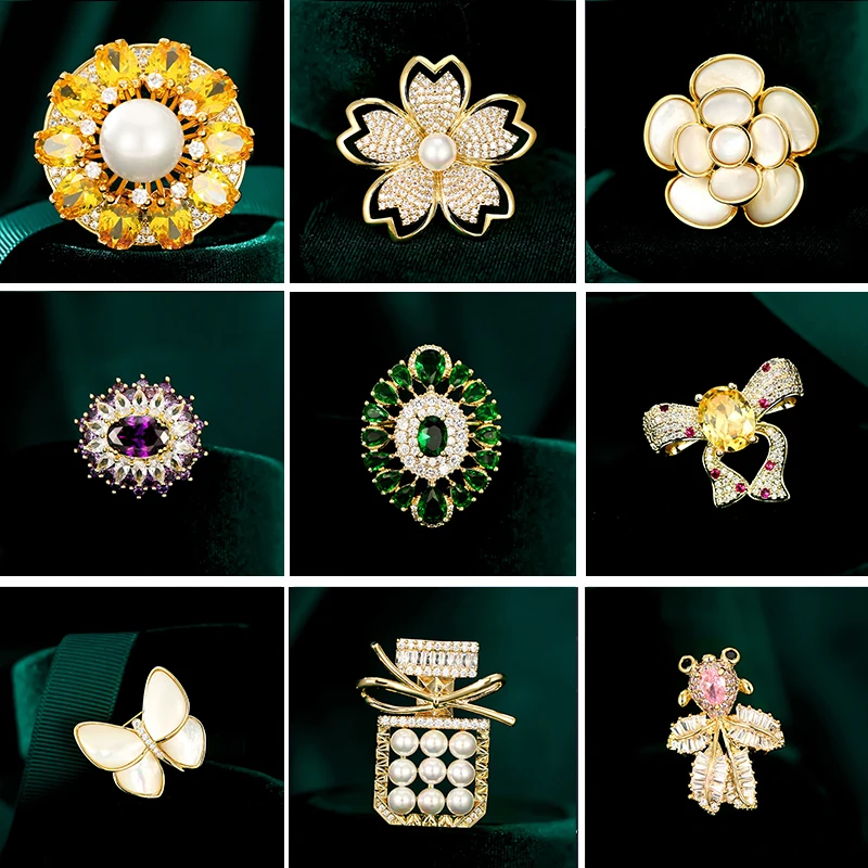 

High-grade Simple Atmosphere Cubic Zircon Sunflower Broochpins Pearl Perfume Bottle Retro CZ Lapel Pin for Women Accessories