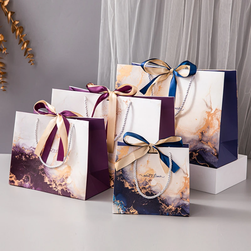 Senior Blue Purple Marble Paper Packaging Bag Women Gift Bags Souvenir Birthday Party Present Wedding Clothing Favours Box 10PCS