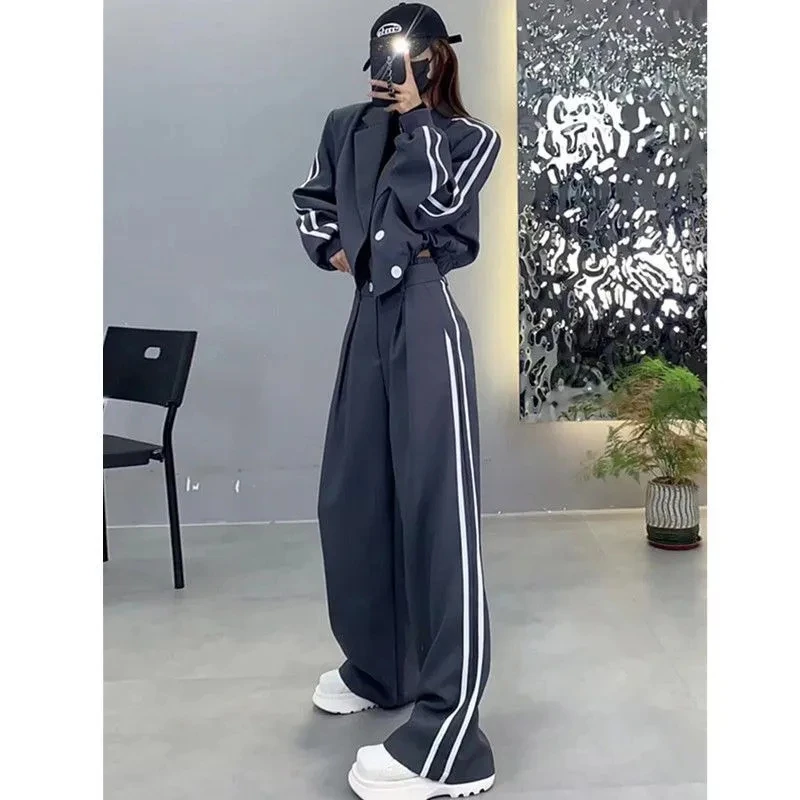 Spring Cropped Two-piece Suit Women Short Blazer Jacket +Loose Wide Leg Pants Ladies Joggers Casual Tracksuit Female Autumn New