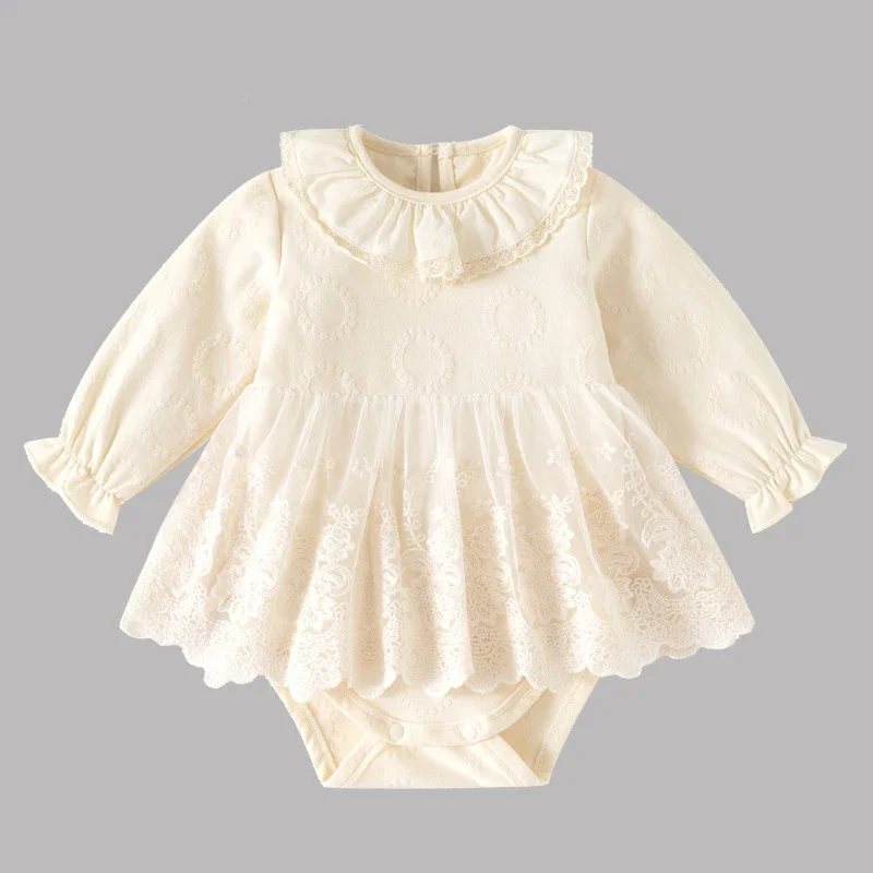

2025 New Autumn Newborn Baby Girls Bodysuits Long Sleeved Cotton Lace Splicing Infant Baby Girls Jumpsuit 0-24M Baby Clothing