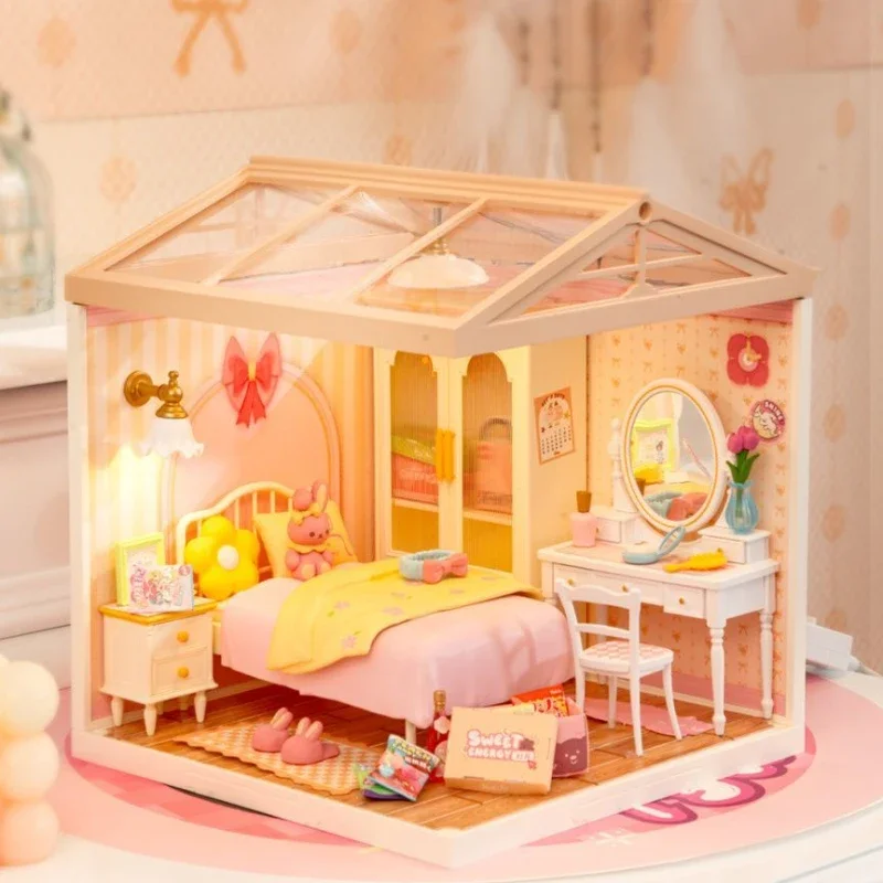 DIY Girls Bedroom Wooden Model Kits Custom Cute Pink Miniature House Diorama Build Best Exquisite Birthday Gift for Girls