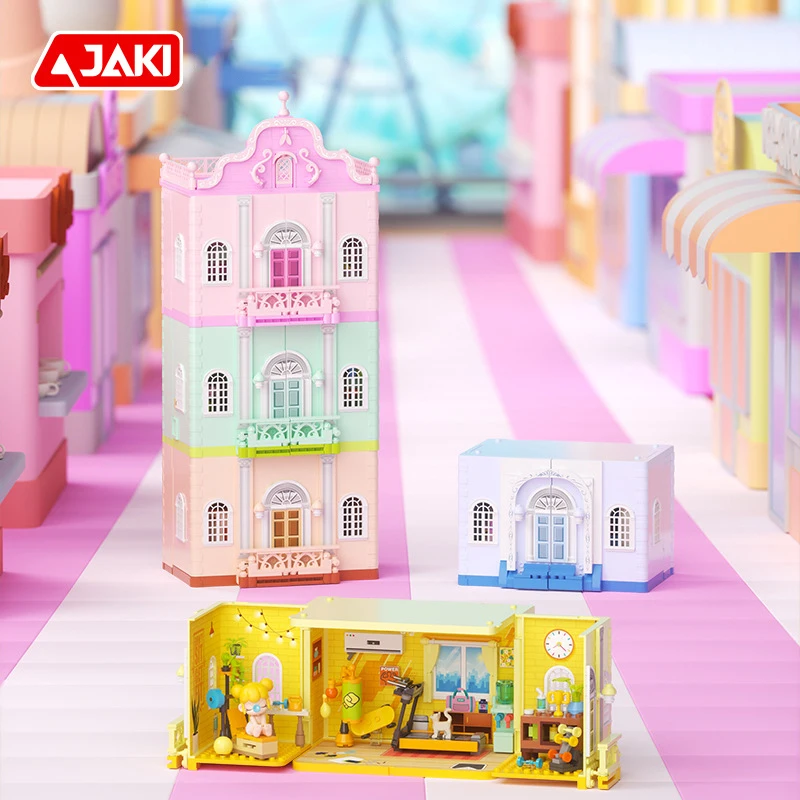 JAKI Building Blocks Super Town, el dormitorio de la princesa Nanxi, la sala de música, la casa apilada, la escena de la calle, la montaje, los artículos decorativos,