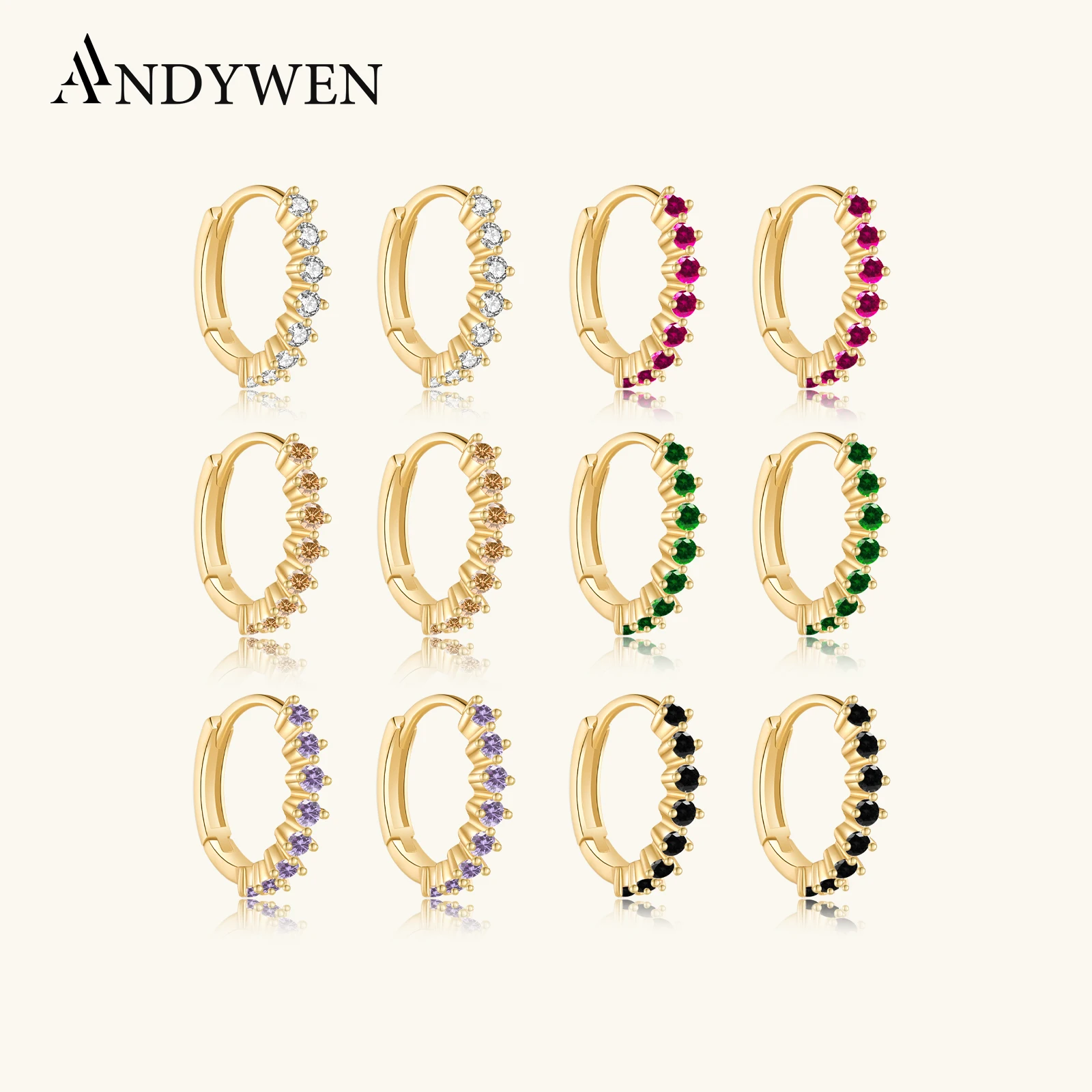 ANDYWEN 925 Sterling Silver 9.5mm Pendiente Crystal CZ Hoops Rainbow Luxury Women Huggies Circle Round Black Earring Jewelry
