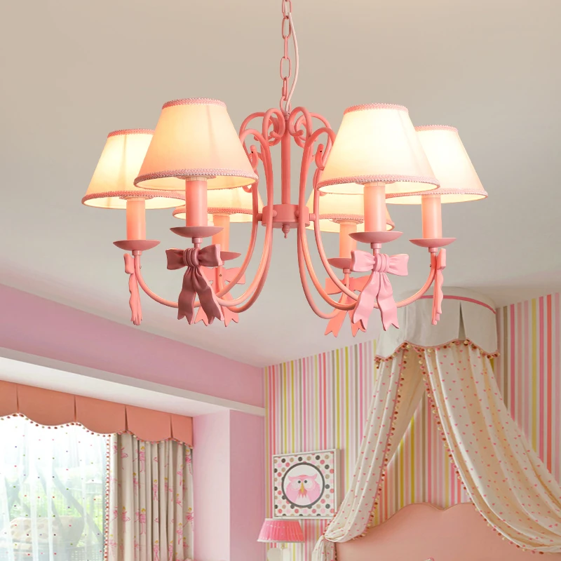 Romantic Pink Bow Tie Lamp Princess Room Bedroom Chandelier Light Fabric Lampshade Children's Room Hanging Pendant Lamps E14