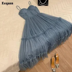 Customized Gray Soft Tulle Midi Prom Party Dresses Tiered Skirt Saudi Arabia Tea-length Prom Gowns Formal Wedding Party Gowns