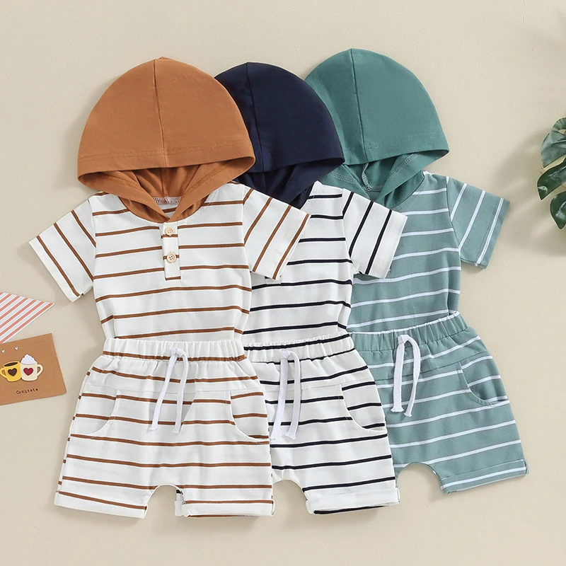 

SUNSIOM 0-3Years Baby Boy Summer Clothes Stripe Print Short Sleeve Hooded T-Shirt with Elastic Waist Shorts 2Pcs Casual Outfit