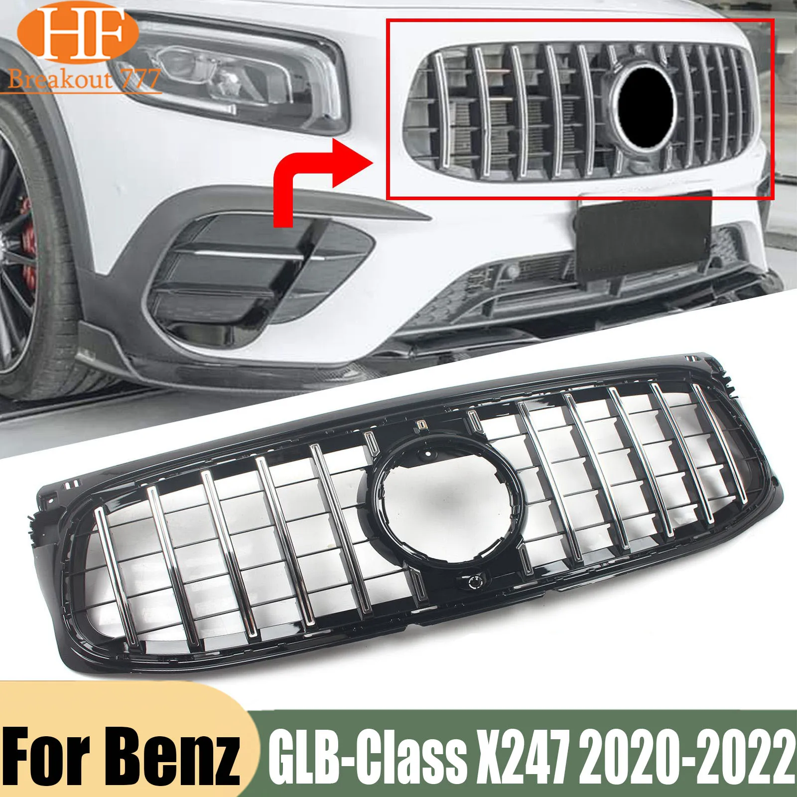Silver Black Upper Bumper Hood Mesh Front Grill Grille For Mercedes-Benz GLB-Class X247 2020-2022