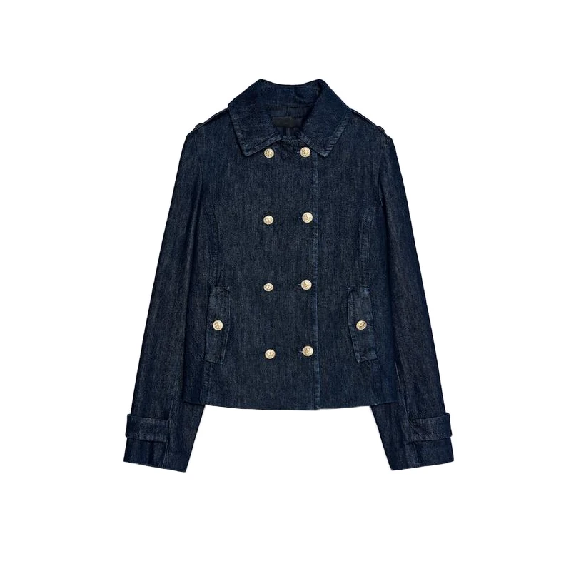 

Весеннее женское джинсовое пальто Jaet с золотыми пуговицами, двубортное длинное пальто с воротником свека, простая модная верхняя одежда 230040