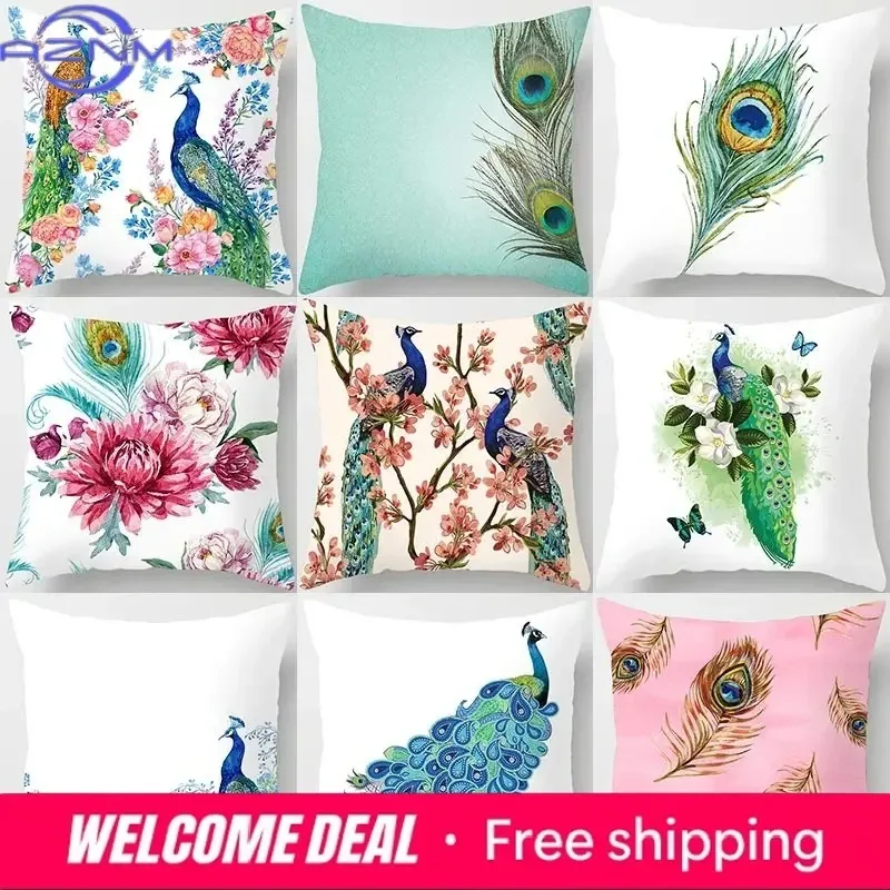 Peacock Feather Pattern Polyester Cushion Cover Throw Pillow Decorative Cushion Pillow Cover Sofa Decorative Pillow Cover
