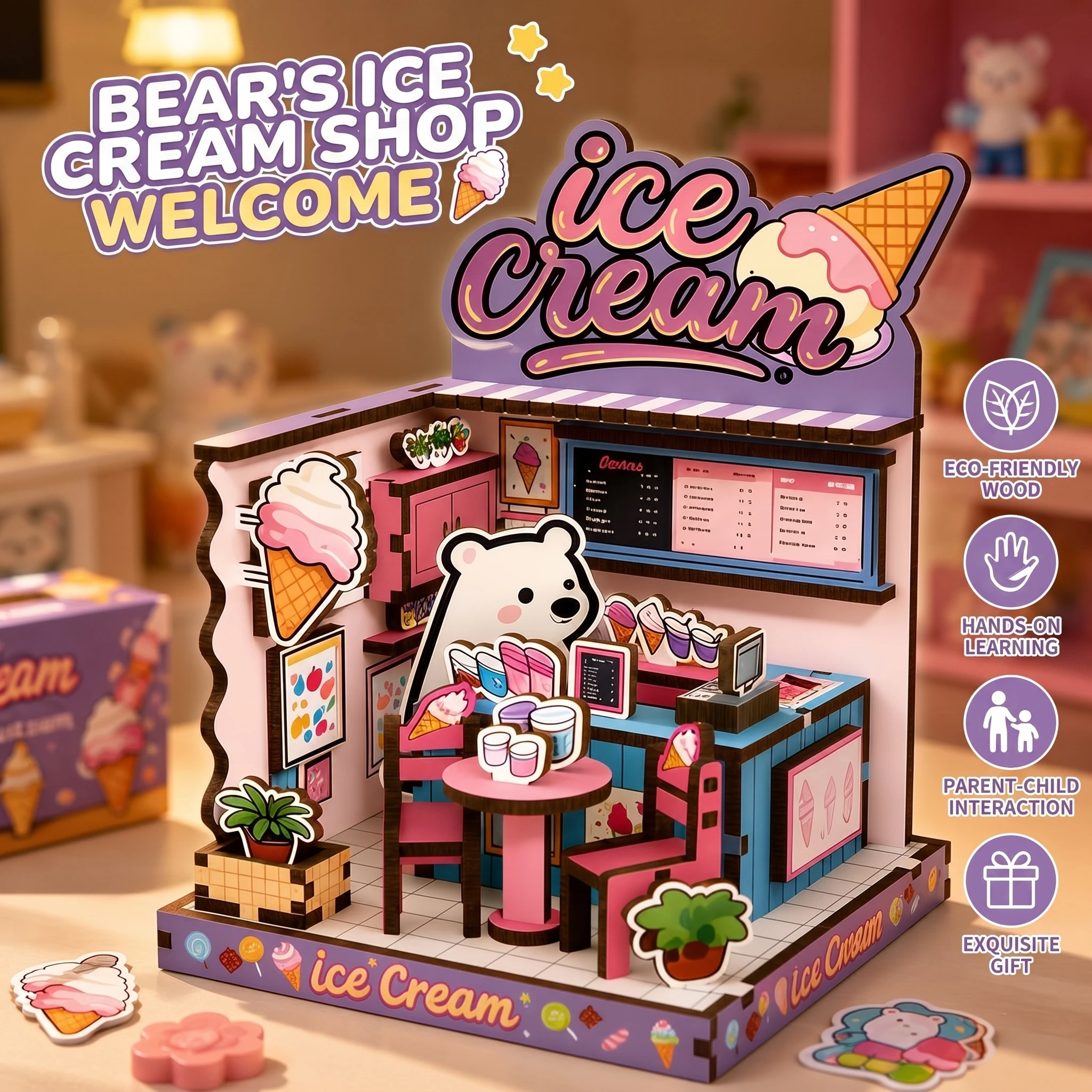 Wooden Assembly Model 3D DIY Kit Puzzle Toys Miniature Dollhouse Kitten Rabbit Panda Polar Bear Doll Stress Relief Building Sets
