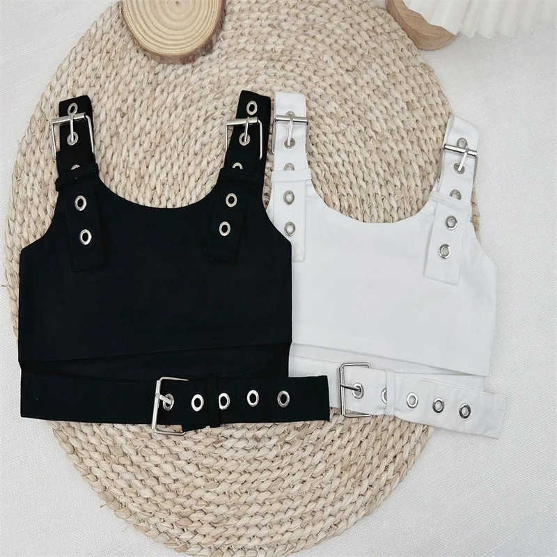 Kids Y2K Crop Top Adjustable Buckle Sleeveless Tank Top with Waist Belt Punk Streetwear Black White Grunge Aesthetic for Teens