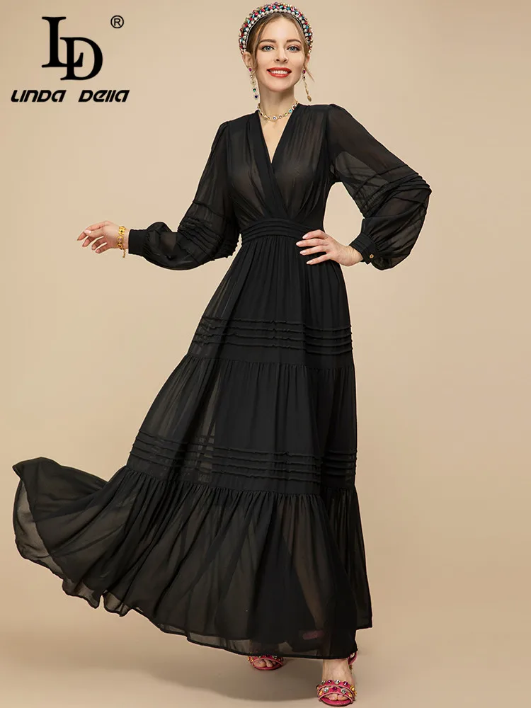 

LD LINDA DELLA Fashion Designer Spring Dress Women V-neck Lantern sleeve High waist Black Casual Long Party Dress