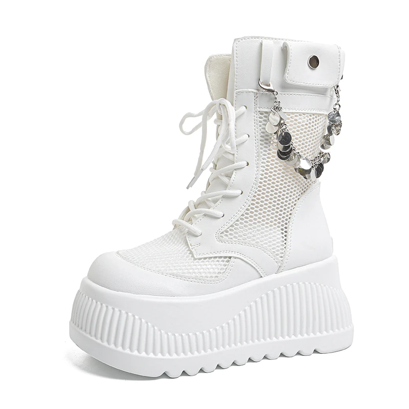 

8 см, новые модные женские сетчатые кроссовки на платформе, уличная дышащая повседневная обувь на высоком каблуке на танкетке, осенние ботинки с круглым носком 2023 г.