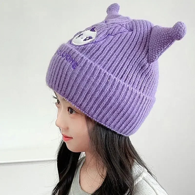 Sanrio Cartoon Kuromi Cute Children's Autumn and Winter Comfortable, Soft and Versatile Warm Ear Protection Knitted Pullover Hat