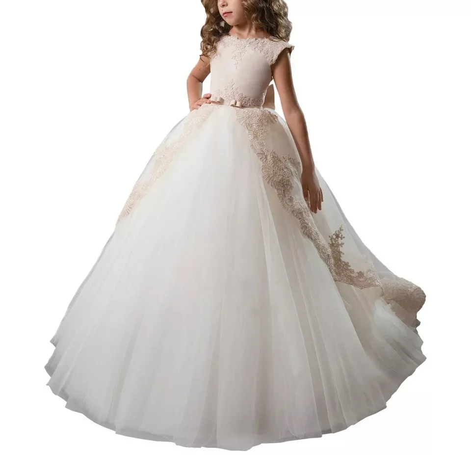 Hot Selling Girl Party Dress for 12 Years Kids Christening Gown Patchwork Lace Tulle Pure White Communion  Dresses Ankle-Length