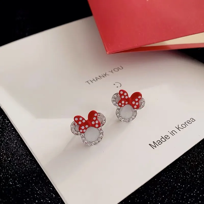 Disney Cute Mickey Mouse Diamond Stud Earrings Anime Figure Minnie S925 Silver Pin Earring Sweet Ins Girls Jewelry Birthday Gift