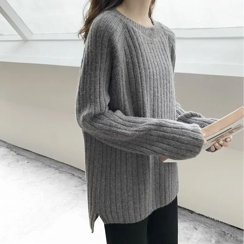 Fashion New Solid Color Knitting Bottoming Shirt Classic Long Sleeve Striped All-match O-collar Loose Autumn Winter Top 2022