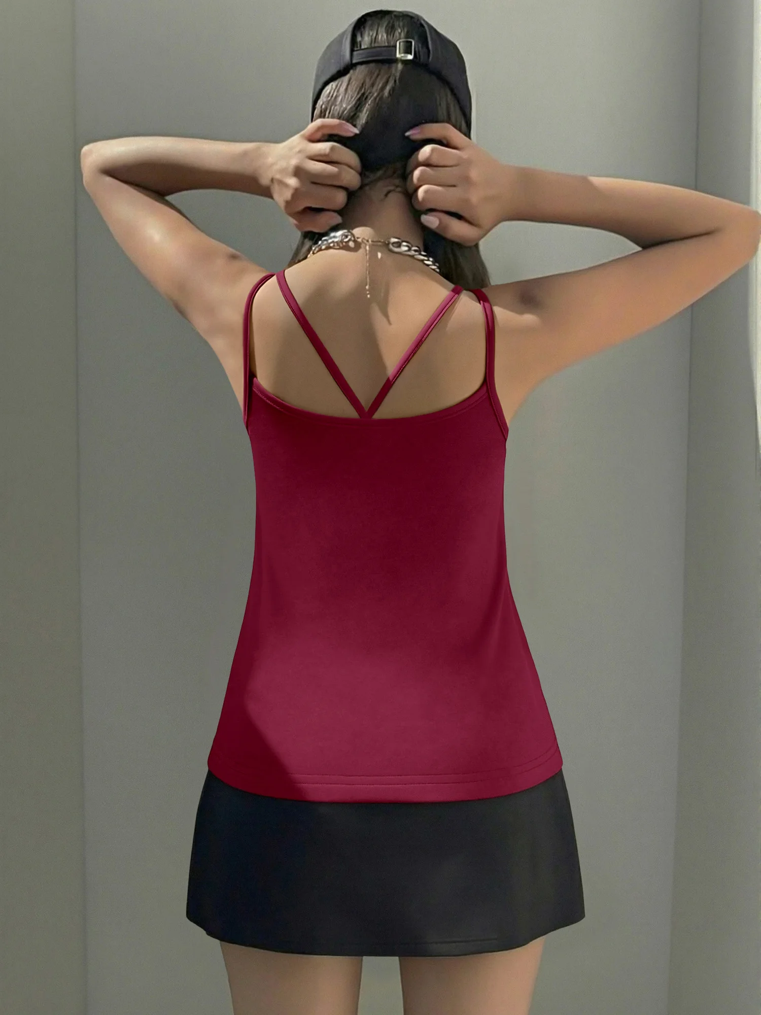 Women Fashion Double Strap Sleeveless Camisole U‑Neck Criss‑Cross Back Design Soft Casual Streetwear Layering Tank Top