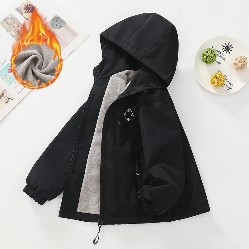 Autumn Winter Boys Jacket Thick Fleece Windproof Warm Hooded Sports Coat For 3-14 Years Teen Kids Clothes Children Outerwear Top