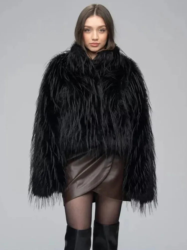 

ZADORIN Casual Tassels Stand Collar Black Faux Fur Coat Woman Y2K Clothes Long Sleeve Short Fluffy Jacket New in Coats & Jackets